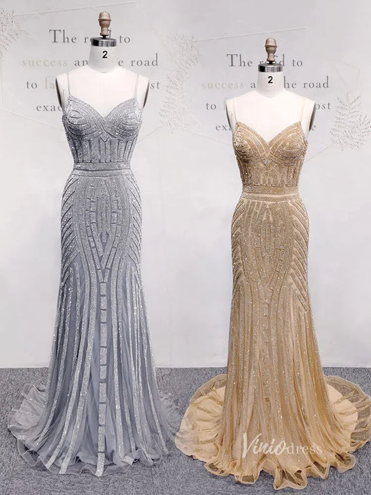 Prom Dress 2025 Spaghetti Strap Gold Beaded Prom Dresses Mermaid Formal Dress FD1372-unique prom dresses-Silver-Custom Size-Viniodress