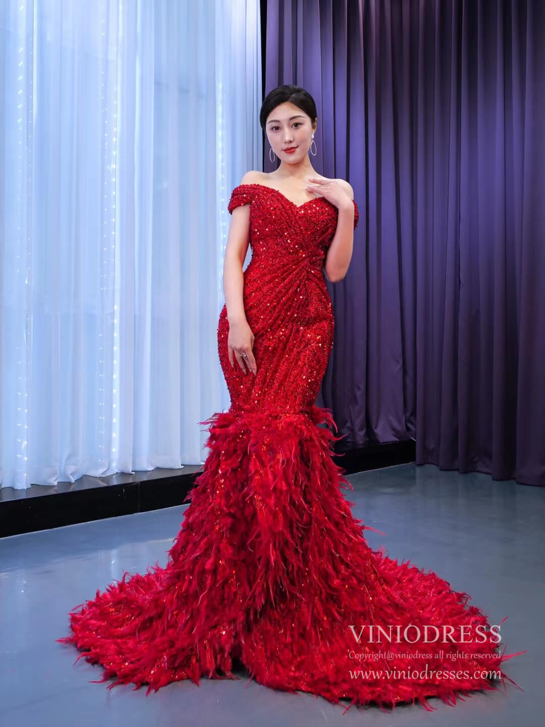 Prom Dress 2025 Sparkly Red Feather Formal Gown Sequin Prom Pageant Dress 67433 viniodress-unique prom dresses-Red-Custom Size-Viniodress