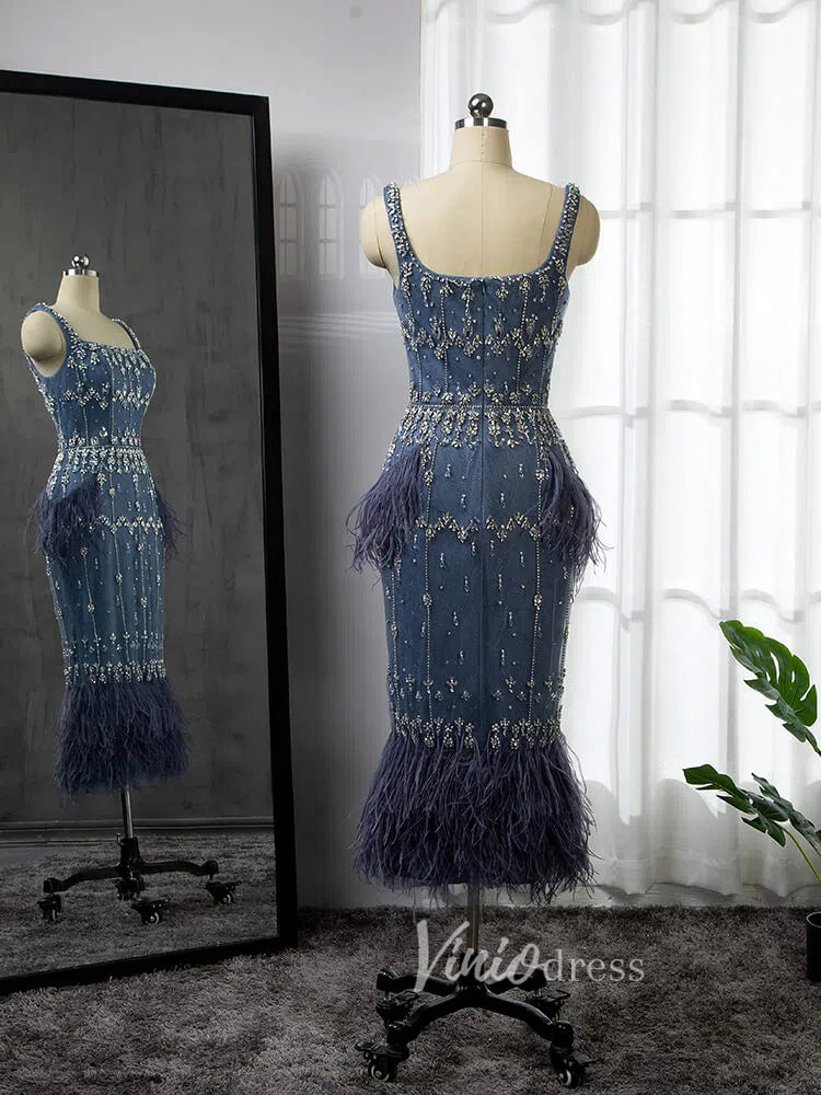 Prom Dress 2025 Square Neck Beaded Blue Evening Dresses Dusty Blue Tea Length Feather Dress 20020-unique prom dresses-Blue-US 2-Viniodress