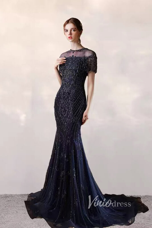 Prom Dress 2025 Taupe Beaded Sheath Prom Dresses Short Sleeve Evening Dress FD2476-unique prom dresses-Navy Blue-US 2-Viniodress