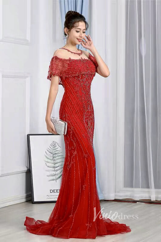 Prom Dress 2025 Taupe Beaded Sheath Prom Dresses Short Sleeve Evening Dress FD2476-unique prom dresses-Red-US 2-Viniodress