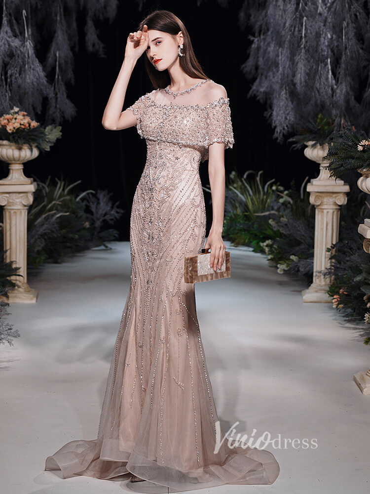 Prom Dress 2025 Taupe Beaded Sheath Prom Dresses Short Sleeve Evening Dress FD2476-unique prom dresses-Taupe-US 2-Viniodress