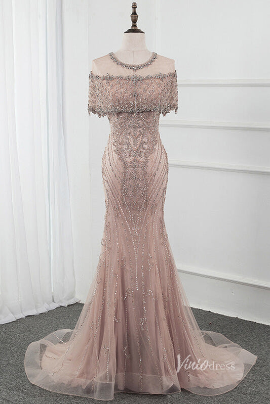 Prom Dress 2025 Taupe Beaded Sheath Prom Dresses Short Sleeve Evening Dress FD2476-unique prom dresses-Taupe-US 2-Viniodress