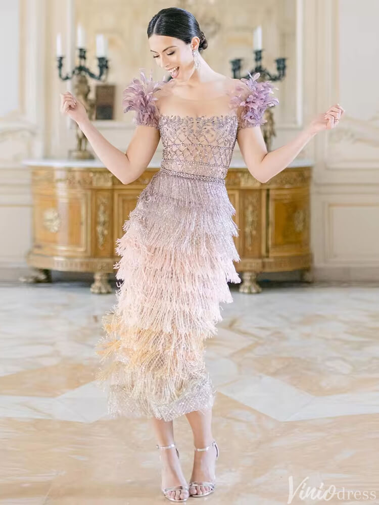 Short Prom Dresses 2025 Tea Length Lavender 1920s Flapper Dresses Feather Wedding Guest Dress FD2474-prom dresses-Viniodress-Lavender-US 2-Viniodress