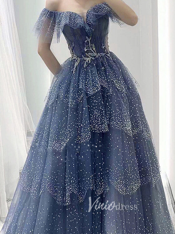 Prom Dress 2025 Tiered Dusty Blue Tulle Prom Dresses Off the Shoulder Ball Gown FD2495B-unique prom dresses-Dusty Blue-US 2-Viniodress