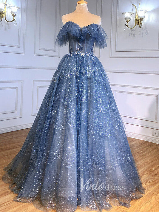 Prom Dress 2025 Tiered Dusty Blue Tulle Prom Dresses Off the Shoulder Ball Gown FD2495B-unique prom dresses-Dusty Blue-US 2-Viniodress