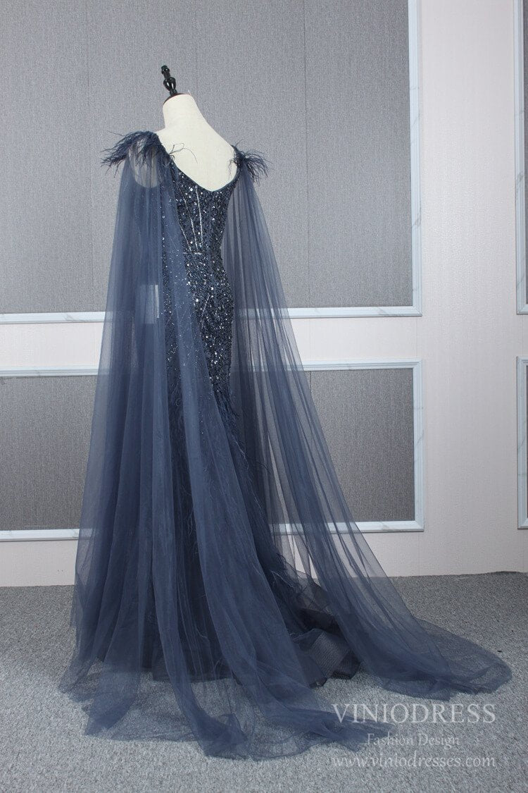 Prom Dress 2025 Two Piece Beaded Navy Blue Mermaid Prom Dresses with Cape FD2486-unique prom dresses-Navy Blue-US 2-Viniodress