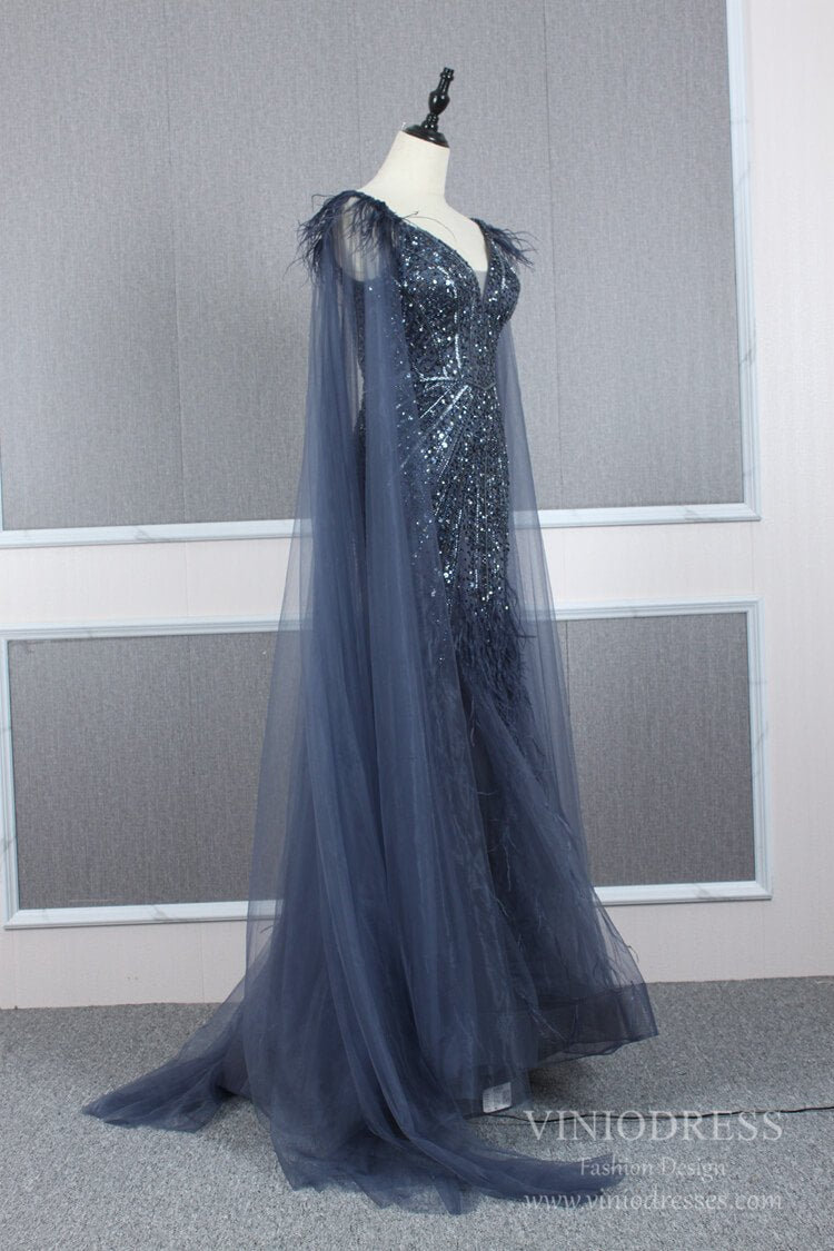 Prom Dress 2025 Two Piece Beaded Navy Blue Mermaid Prom Dresses with Cape FD2486-unique prom dresses-Navy Blue-US 2-Viniodress