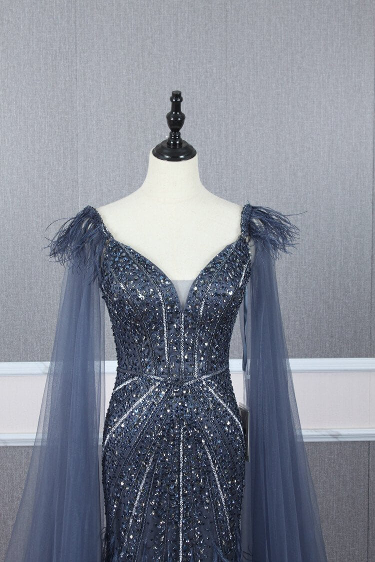 Prom Dress 2025 Two Piece Beaded Navy Blue Mermaid Prom Dresses with Cape FD2486-unique prom dresses-Navy Blue-US 2-Viniodress