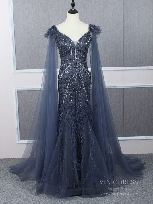 Prom Dress 2025 Two Piece Beaded Navy Blue Mermaid Prom Dresses with Cape FD2486-unique prom dresses-Navy Blue-US 2-Viniodress