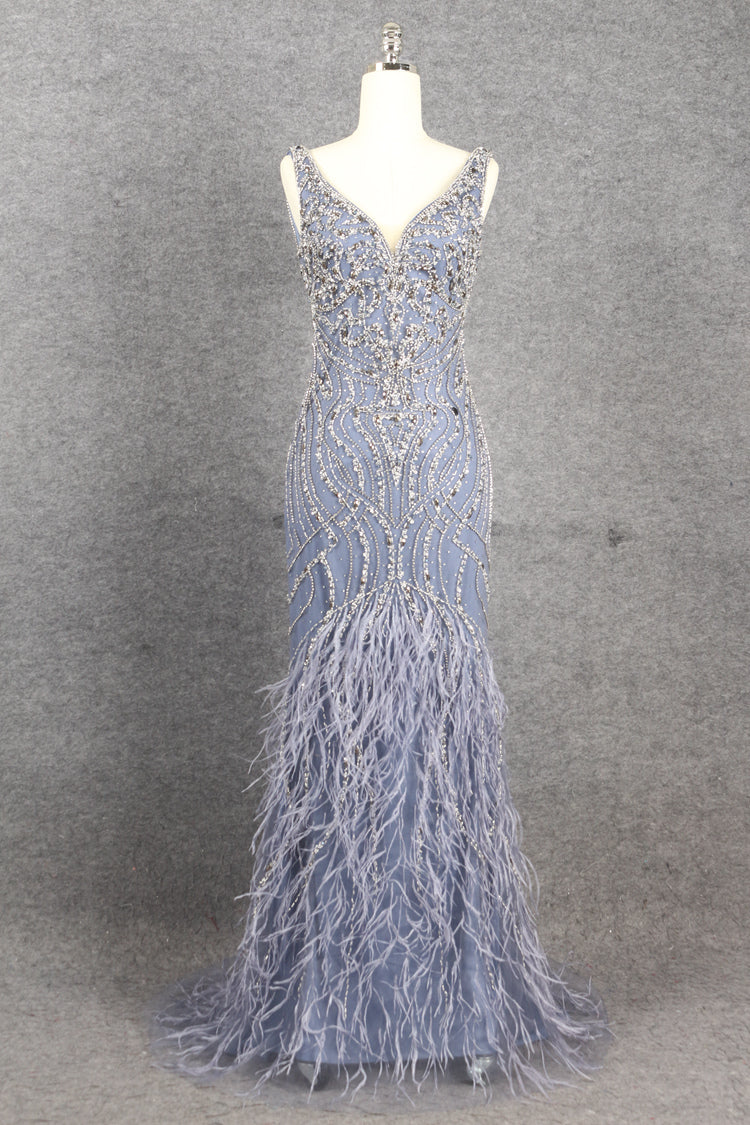 Prom Dress 2025 Two Piece Mother of Bride Dress Beaded Feather Holiday Dress FD2799-unique prom dresses-Dusty Blue-US 2-Viniodress