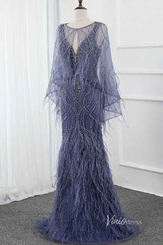 Prom Dress 2025 Two Piece Mother of Bride Dress Beaded Feather Holiday Dress FD2799-unique prom dresses-Navy-US 2-Viniodress