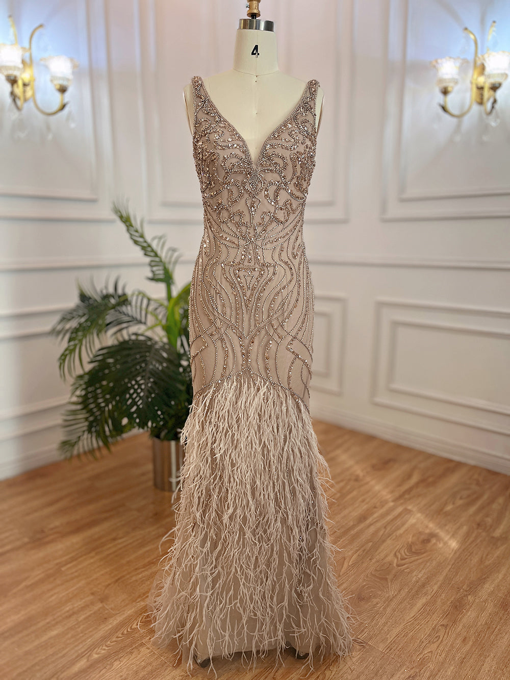 Prom Dress 2025 Two Piece Mother of Bride Dress Beaded Feather Holiday Dress FD2799-unique prom dresses-Taupe-US 2-Viniodress