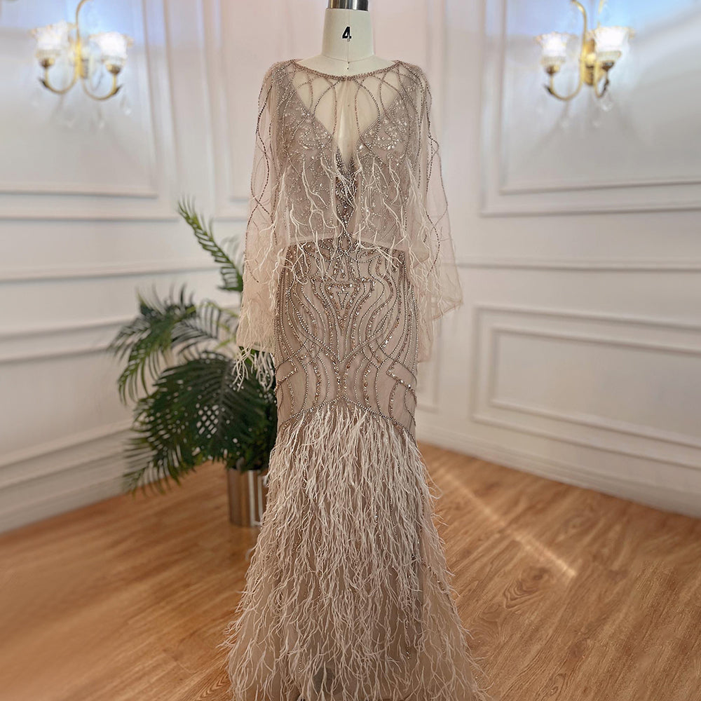 Prom Dress 2025 Two Piece Mother of Bride Dress Beaded Feather Holiday Dress FD2799-unique prom dresses-Taupe-US 2-Viniodress