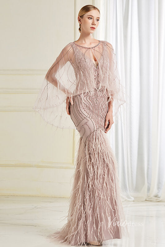 Prom Dress 2025 Two Piece Mother of Bride Dress Beaded Feather Holiday Dress FD2799-unique prom dresses-Taupe-US 2-Viniodress