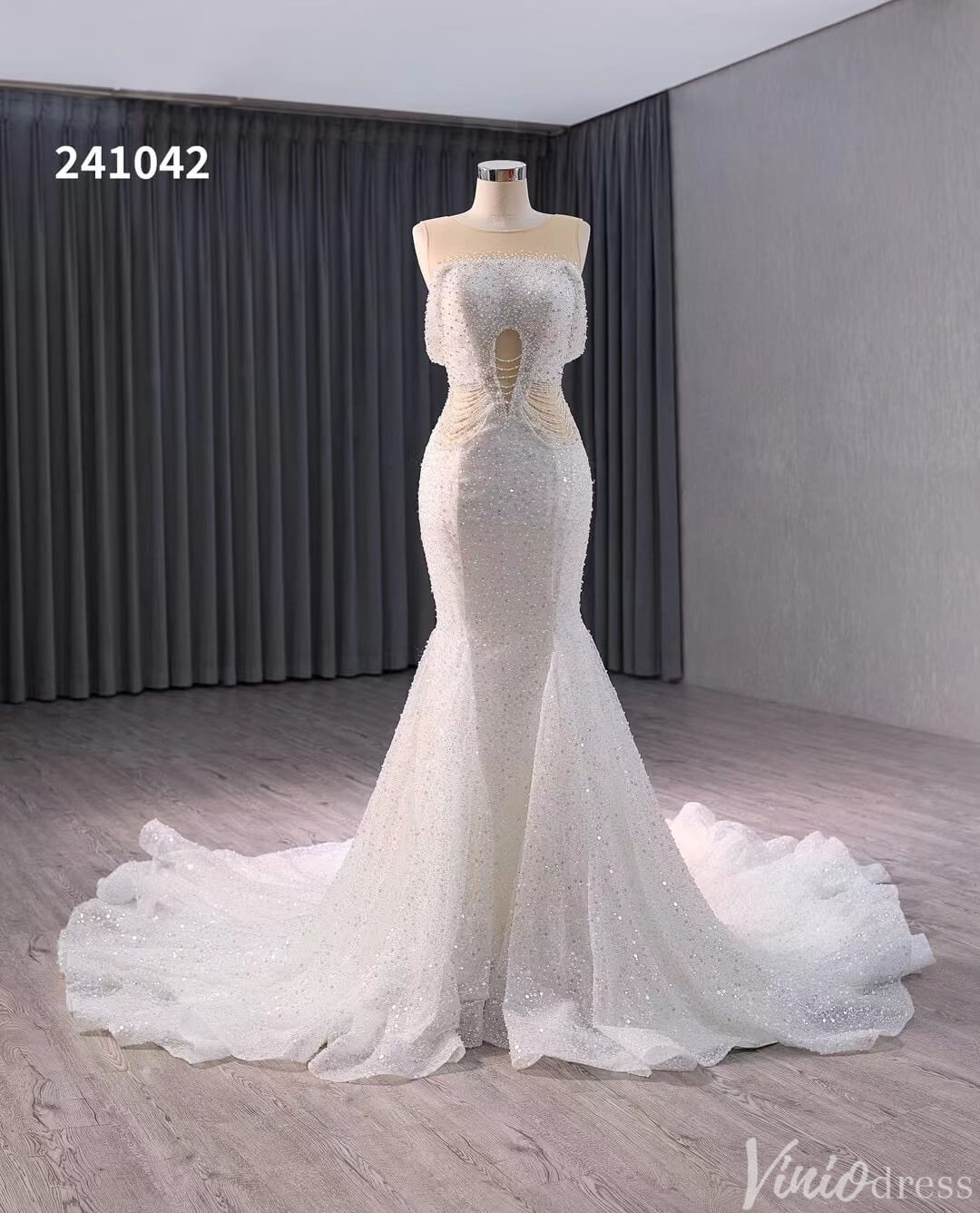 Prom Dress 2025 White Beaded Pearl Mermaid Wedding Gown Boat Neck Bridal Dress 241042-unique wedding dresses-Ivory-Custom Size-Viniodress