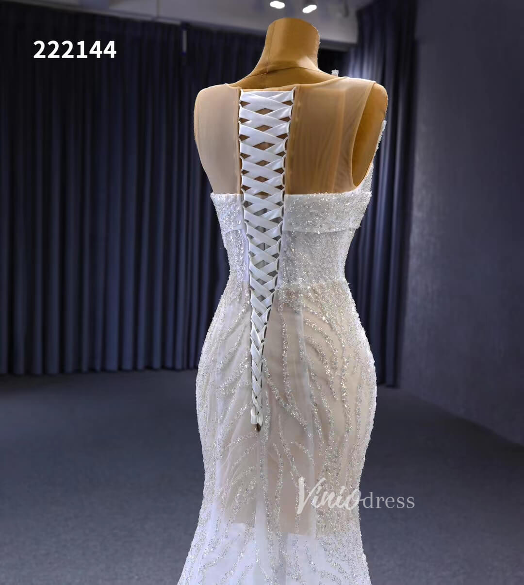 White Mermaid Wedding Dress Beaded Sheer Bridal Gown 222144-wedding dresses-Viniodress-Viniodress