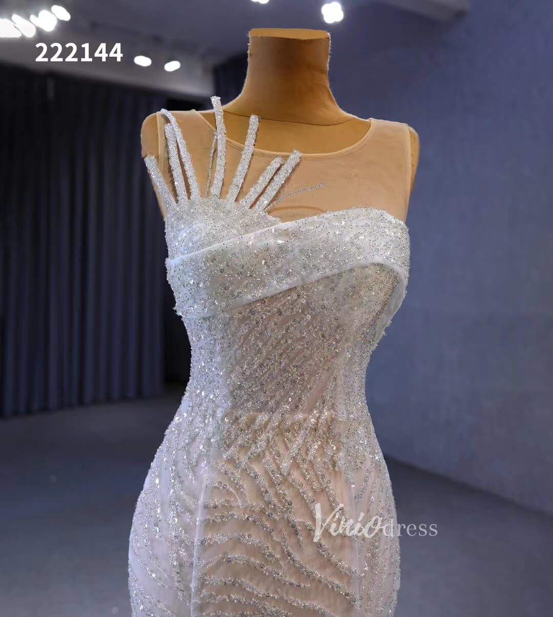 White Mermaid Wedding Dress Beaded Sheer Bridal Gown 222144-wedding dresses-Viniodress-Viniodress