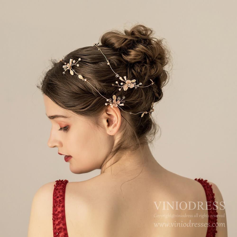 Extra Long Rose Gold Floral Hair Vines Bridal Headband AC1219-Headpieces 2025 -Viniodress-As Picture-