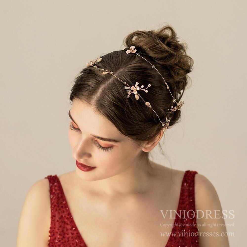 Extra Long Rose Gold Floral Hair Vines Bridal Headband AC1219-Headpieces 2025 -Viniodress-As Picture-