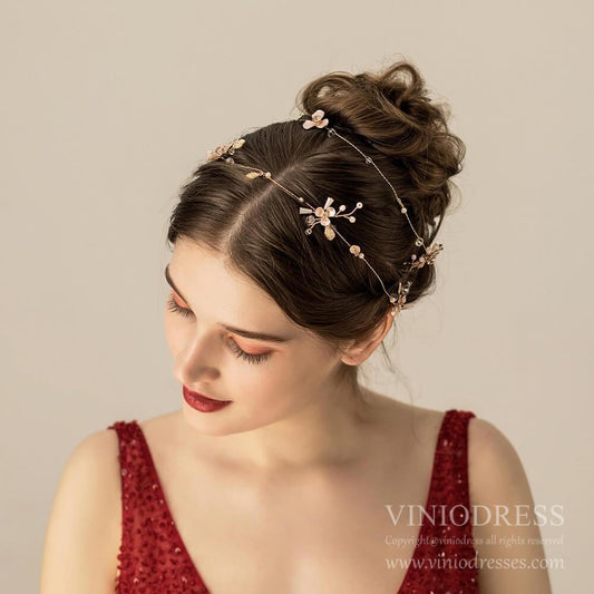 Extra Long Rose Gold Floral Hair Vines Bridal Headband AC1219-Headpieces 2025 -Viniodress-As Picture-