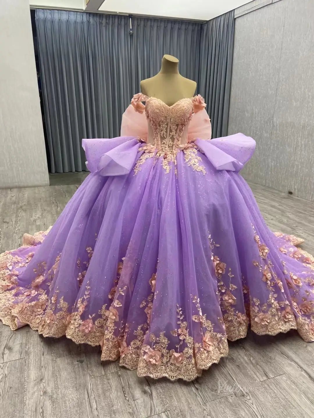 Pink Floral Blue Wedding Dresses Off the Shoulder Quinceanera Dresses 241110B-Quinceanera Dresses 2025 -Viniodress-Lavender-Custom Size-