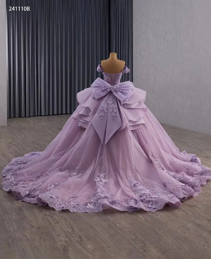 Fairy 3D Flower Ball Gown Quinceañera Dress | Off-the-Shoulder Basque Waist with Bow Back 241110B-Quinceanera Dresses 2026-Viniodress-Light Blue-Custom Size-