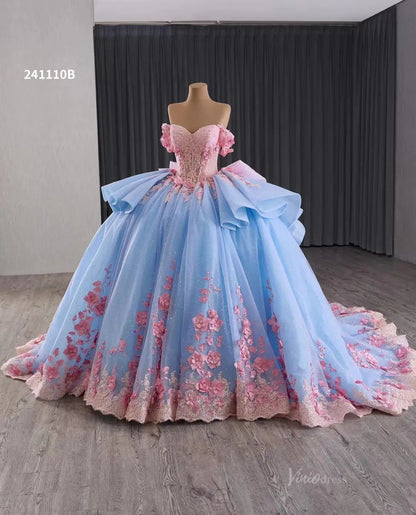 Pink Floral Blue Wedding Dresses Off the Shoulder Quinceanera Dresses 241110B-Quinceanera Dresses 2025 -Viniodress-Light Blue-Custom Size-