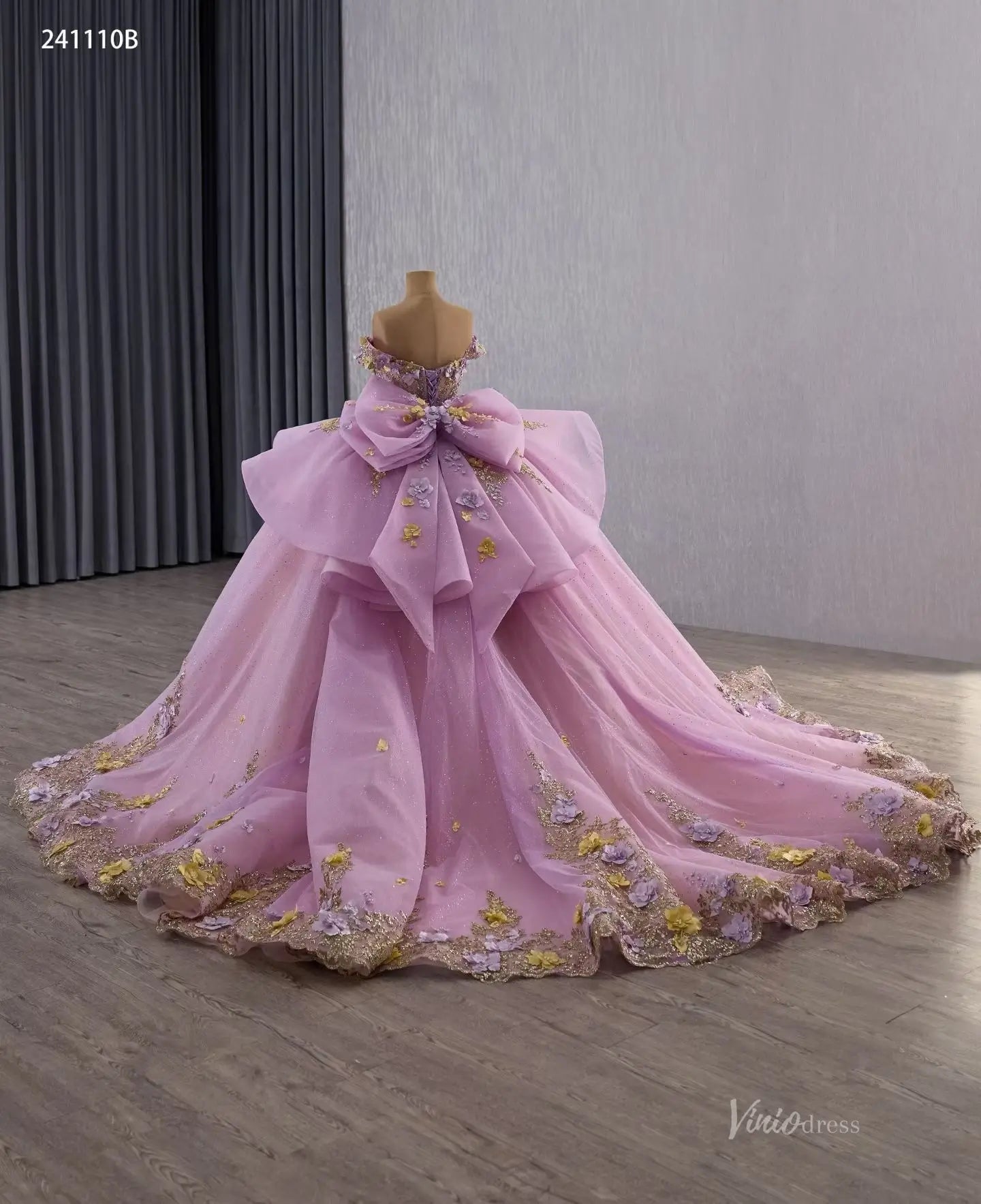 Fairy 3D Flower Ball Gown Quinceañera Dress | Off-the-Shoulder Basque Waist with Bow Back 241110B-Quinceanera Dresses 2026-Viniodress-Light Blue-Custom Size-