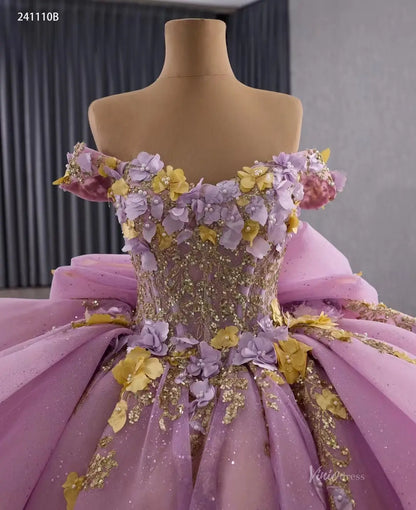 Fairy 3D Flower Ball Gown Quinceañera Dress | Off-the-Shoulder Basque Waist with Bow Back 241110B-Quinceanera Dresses 2026-Viniodress-Light Blue-Custom Size-