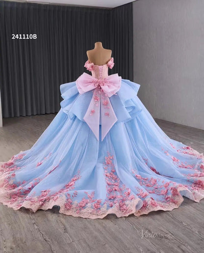 Pink Floral Blue Wedding Dresses Off the Shoulder Quinceanera Dresses 241110B-Quinceanera Dresses 2025 -Viniodress-Light Blue-Custom Size-