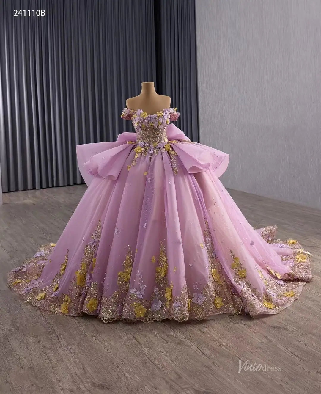 Fairy 3D Flower Ball Gown Quinceañera Dress | Off-the-Shoulder Basque Waist with Bow Back 241110B-Quinceanera Dresses 2026-Viniodress-Pink-Custom Size-
