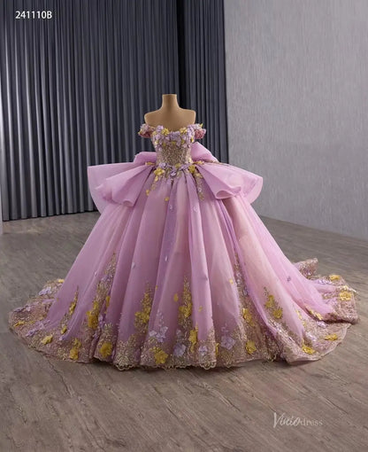 Fairy 3D Flower Ball Gown Quinceañera Dress | Off-the-Shoulder Basque Waist with Bow Back 241110B-Quinceanera Dresses 2026-Viniodress-Pink-Custom Size-