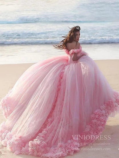 3D Flower Quinceanera Dresses Cinderella Ball Gowns VW1040-Quinceanera Dresses 2025 -Viniodress-Pink-Custom Size-