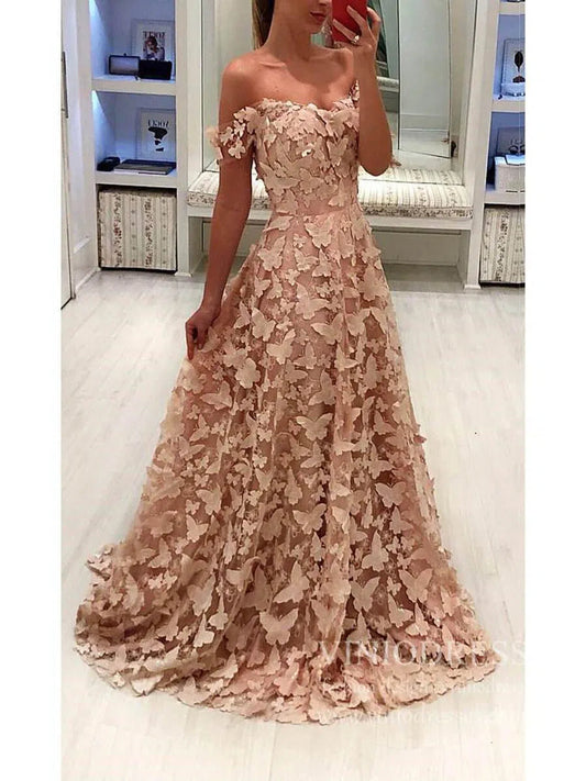 Fairy Butterfly Style Prom Dresses Off the Shoulder 3D Lace Formal Dress FD1759-prom dresses 2025 -Viniodress-Pink-Custom Size-