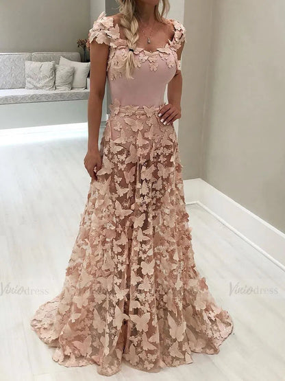 Fairy Pink Butterfly Lace Long Prom Dresses A-line FD1641-prom dresses 2025 -Viniodress-Pink-Custom Size-