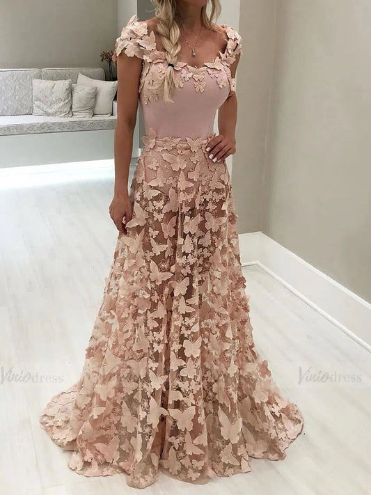 Fairy Pink Butterfly Lace Long Prom Dresses A-line FD1641-prom dresses 2025 -Viniodress-Pink-Custom Size-
