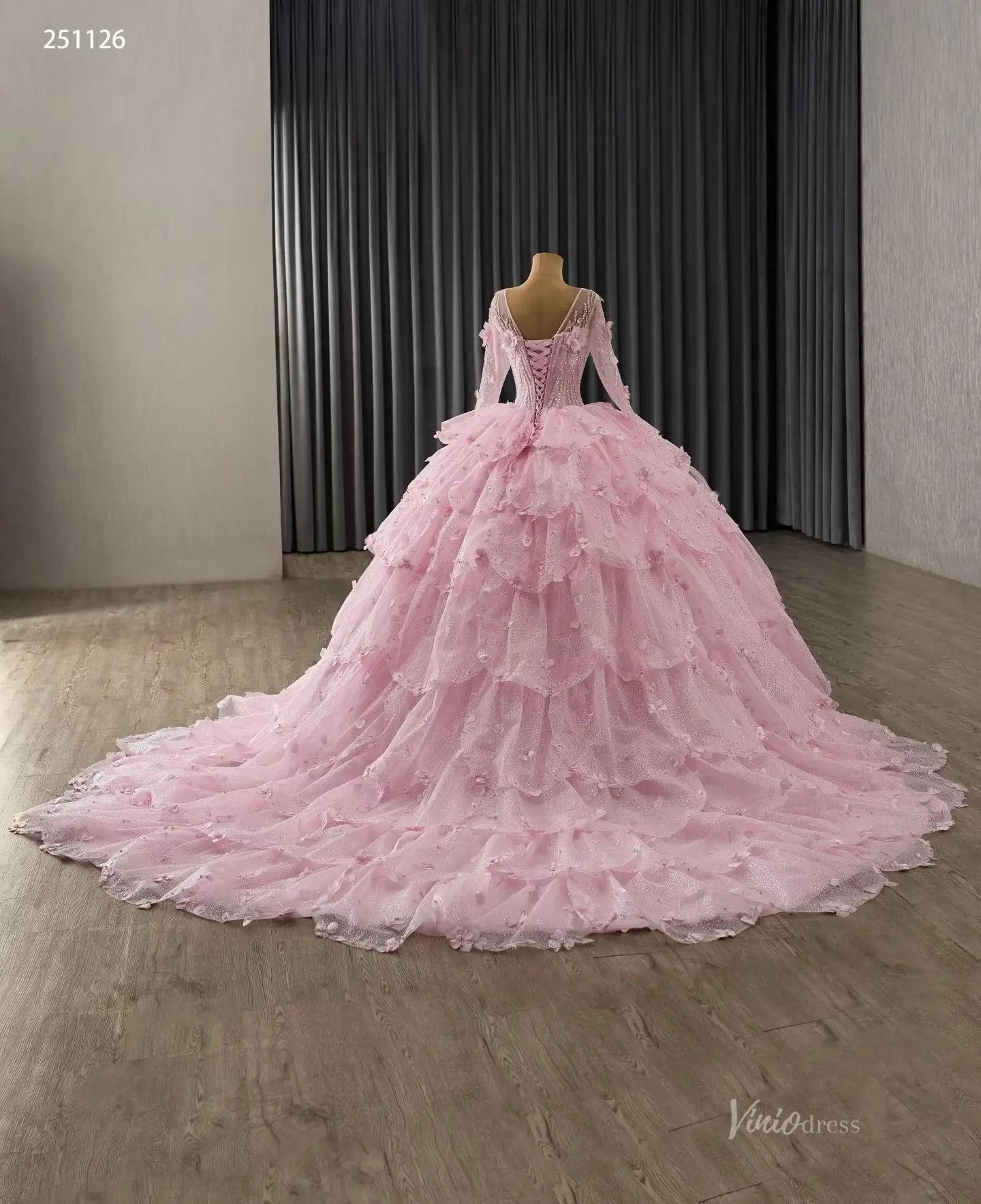 Fairy Pink Floral Tiered Petal Quinceañera Dress | 3D Flowers Long Sleeve Princess Gown 251126-Quinceanera Dresses 2026-Viniodress-Pink-Custom Size-