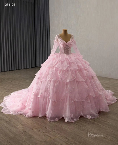 Fairy Pink Floral Tiered Petal Quinceañera Dress | 3D Flowers Long Sleeve Princess Gown 251126-Quinceanera Dresses 2026-Viniodress-Pink-Custom Size-