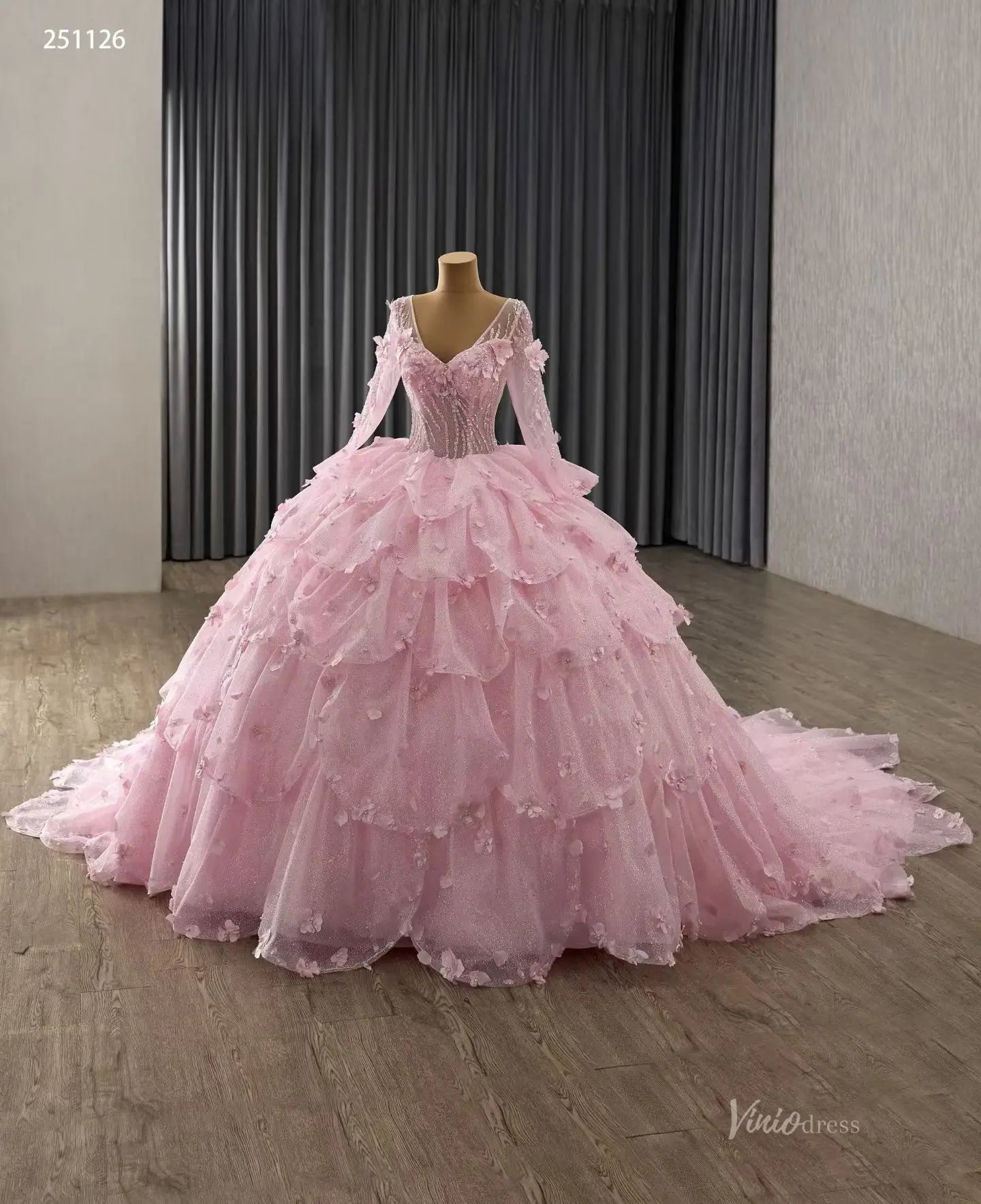 Fairy Pink Floral Tiered Petal Quinceañera Dress | 3D Flowers Long Sleeve Princess Gown 251126-Quinceanera Dresses 2026-Viniodress-Pink-Custom Size-