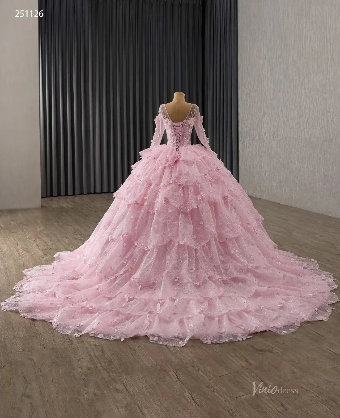 Fairy Pink Floral Tiered Petal Quinceañera Dress | 3D Flowers Long Sleeve Princess Gown 251126-Quinceanera Dresses 2026-Viniodress-Pink-Custom Size-