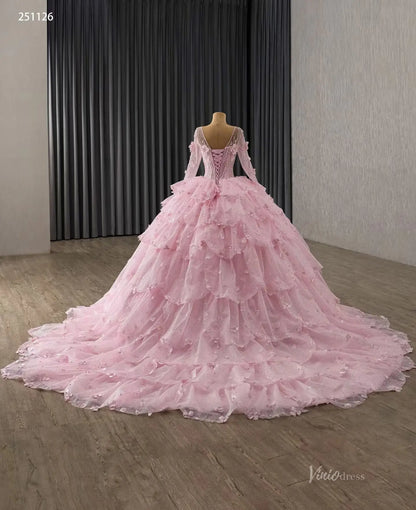 Fairy Pink Floral Tiered Petal Quinceañera Dress | 3D Flowers Long Sleeve Princess Gown 251126-Quinceanera Dresses 2026-Viniodress-Pink-Custom Size-