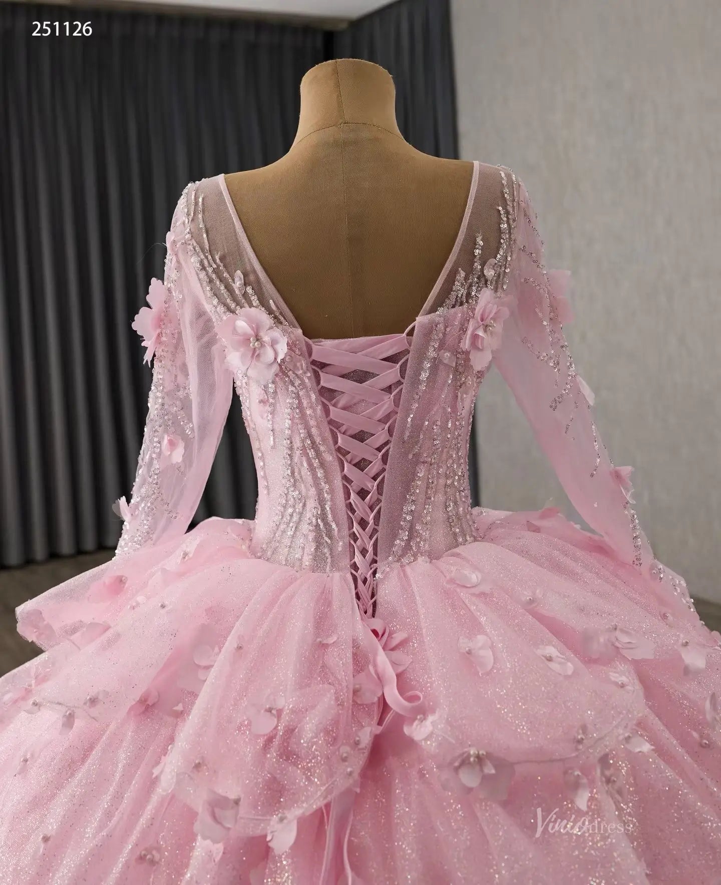 Fairy Pink Floral Tiered Petal Quinceañera Dress | 3D Flowers Long Sleeve Princess Gown 251126-Quinceanera Dresses 2026-Viniodress-Pink-Custom Size-