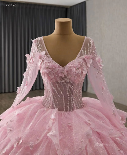 Fairy Pink Floral Tiered Petal Quinceañera Dress | 3D Flowers Long Sleeve Princess Gown 251126-Quinceanera Dresses 2026-Viniodress-Pink-Custom Size-