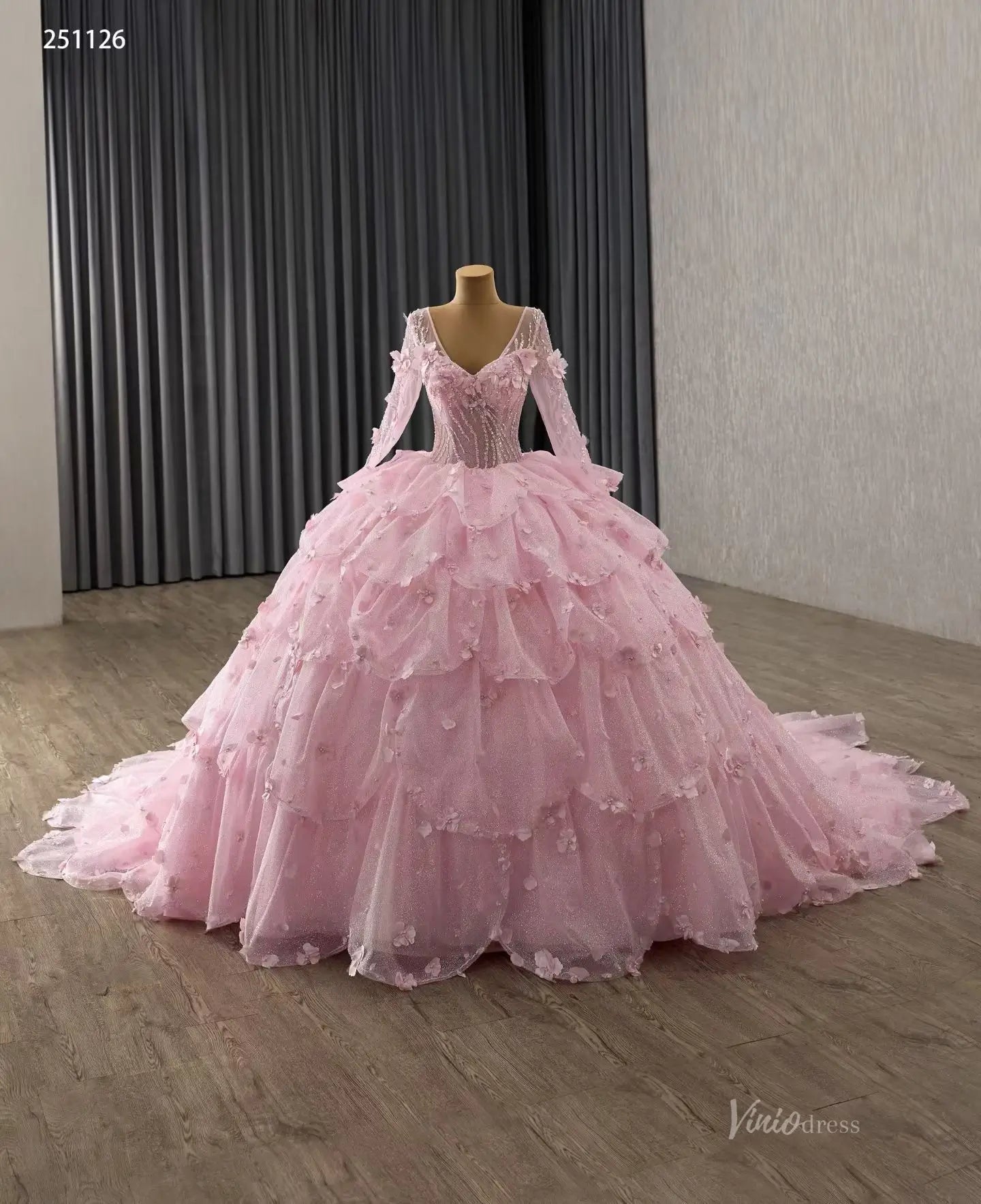 Fairy Pink Floral Tiered Petal Quinceañera Dress | 3D Flowers Long Sleeve Princess Gown 251126-Quinceanera Dresses 2026-Viniodress-Pink-Custom Size-