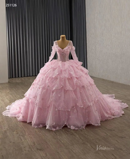 Fairy Pink Floral Tiered Petal Quinceañera Dress | 3D Flowers Long Sleeve Princess Gown 251126-Quinceanera Dresses 2026-Viniodress-Pink-Custom Size-