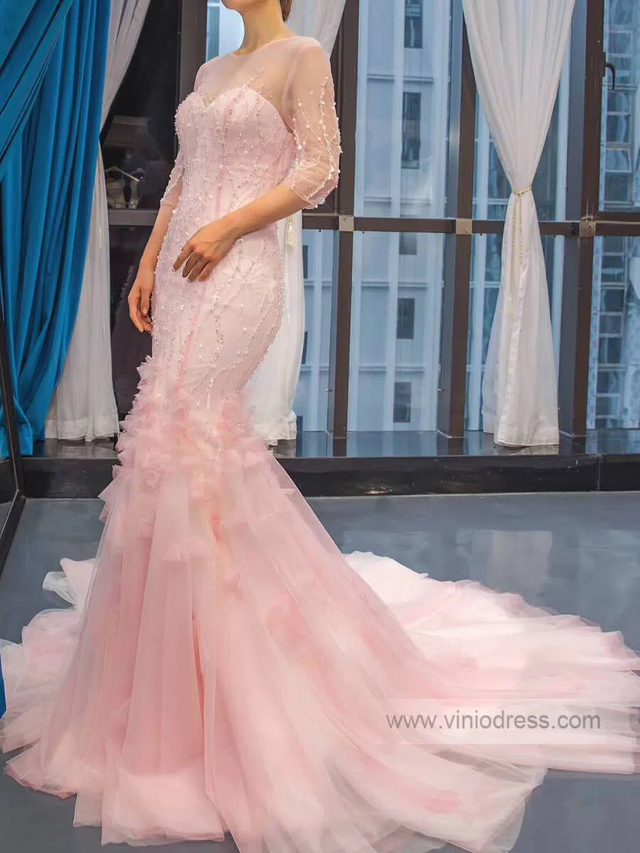 Fairy Pink Mermaid Prom Dresses with Sleeves Beaded Pageant Dress FD1393-prom dresses-Viniodress-Viniodress