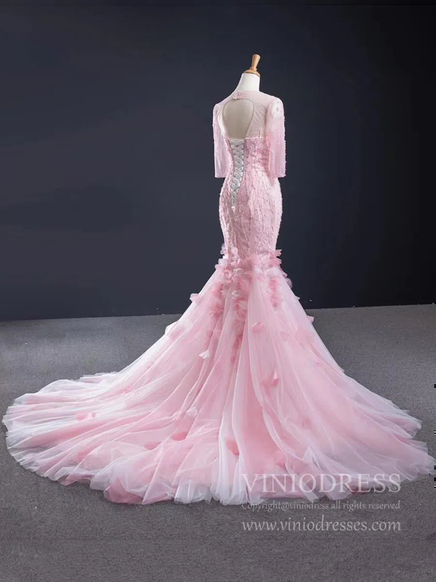 Fairy Pink Mermaid Prom Dresses with Sleeves Beaded Pageant Dress FD1393-prom dresses-Viniodress-Viniodress