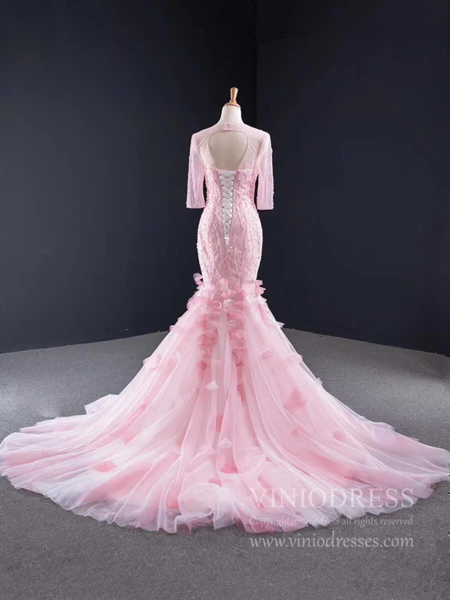 Fairy Pink Mermaid Prom Dresses with Sleeves Beaded Pageant Dress FD1393-prom dresses-Viniodress-Viniodress