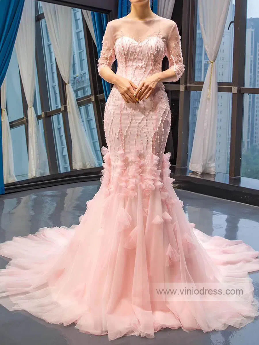 Fairy Pink Mermaid Prom Dresses with Sleeves Beaded Pageant Dress FD1393-prom dresses-Viniodress-Viniodress